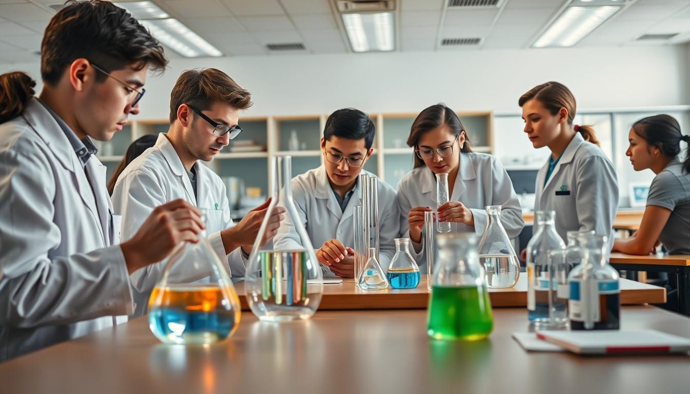 Students studying together in modern classroom